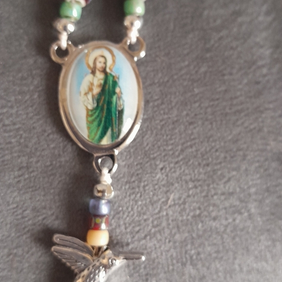 Hummingbird With Woodland Red Green All Beaded Jesus Rosary Catholic Religious - Picture 6 of 7